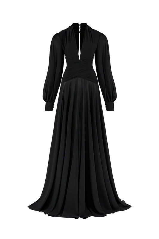 PUFFED SLEEVES CORSET CHIFFON MAXI BLACK GOWN