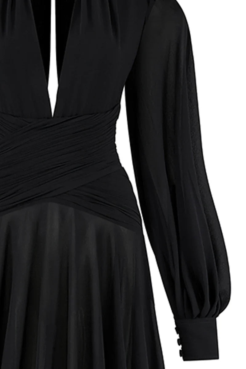 PUFFED SLEEVES CORSET CHIFFON MAXI BLACK GOWN