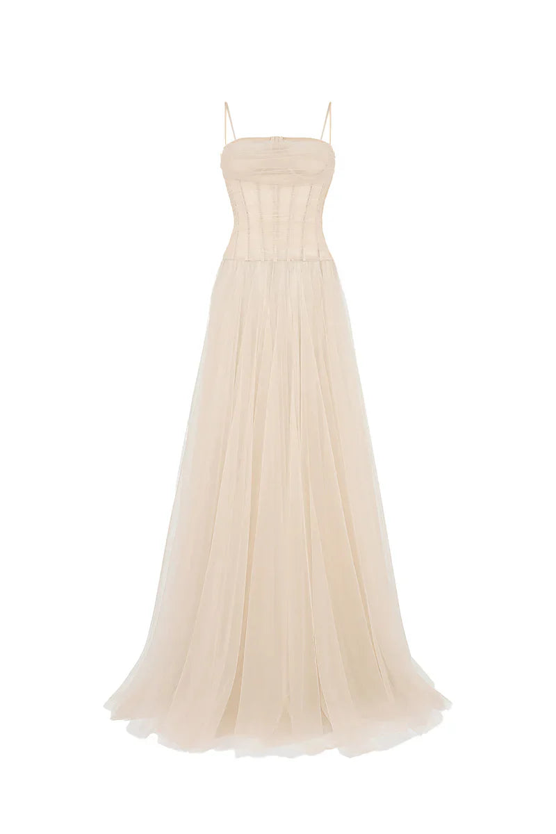 NUDE SHEER CORSET STRAP MESH FLOOR LENGTH GOWN