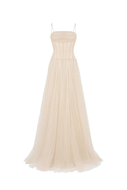 NUDE SHEER CORSET STRAP MESH FLOOR LENGTH GOWN