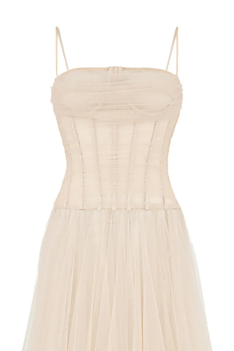 NUDE SHEER CORSET STRAP MESH FLOOR LENGTH GOWN