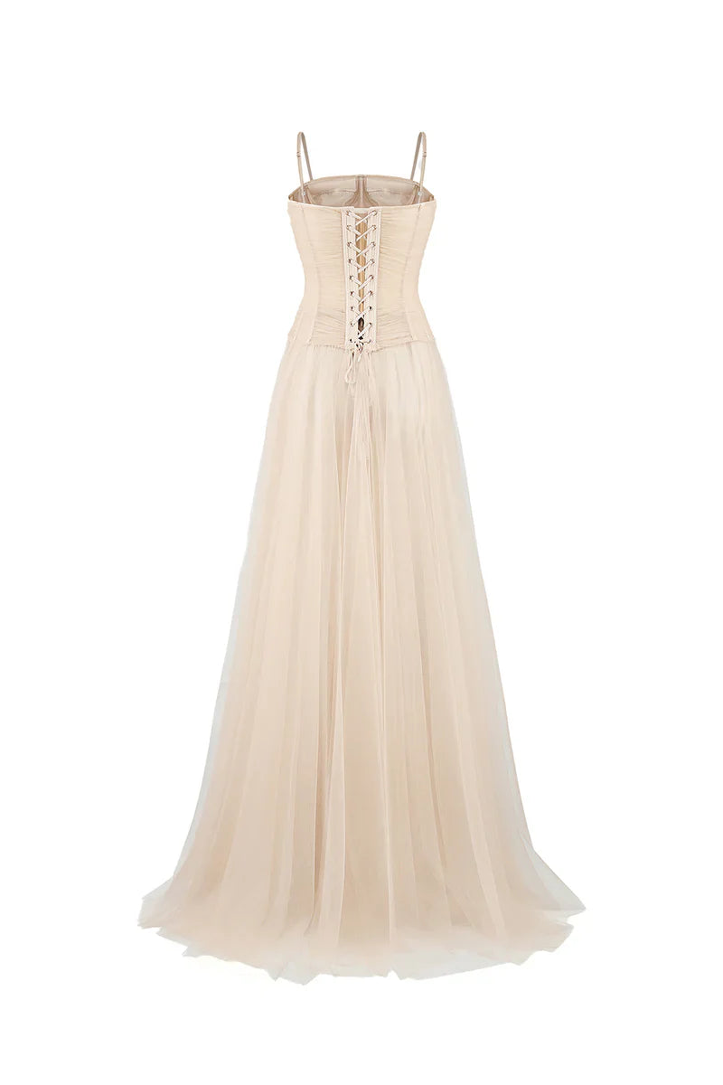 NUDE SHEER CORSET STRAP MESH FLOOR LENGTH GOWN