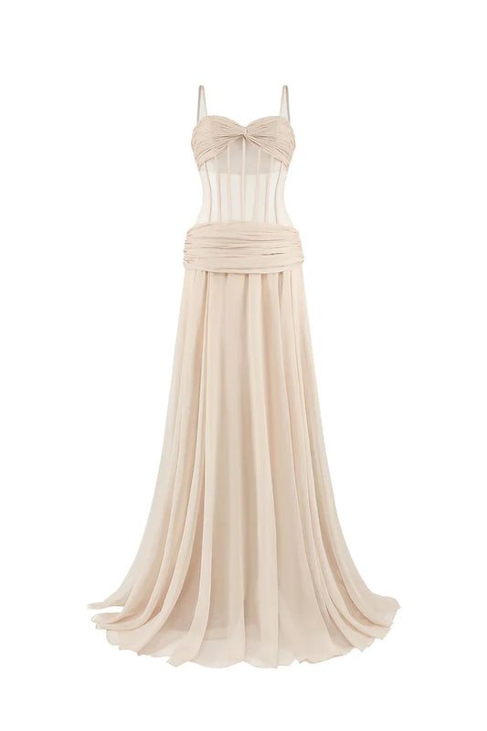 NUDE CORSET CHIFFON EXTRA LONG GOWN
