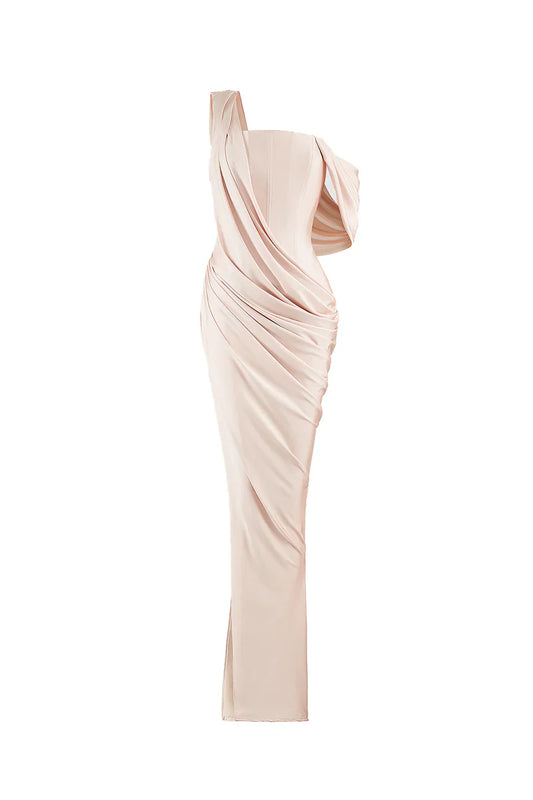 CREAM ASYMMETRIC SLEEVED  FLOOR LENGTH GOWN