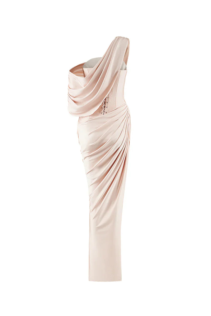 CREAM ASYMMETRIC SLEEVED  FLOOR LENGTH GOWN