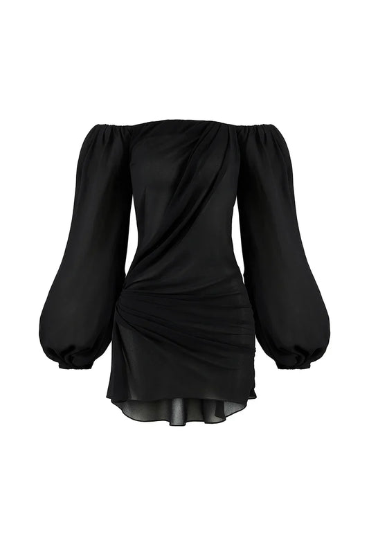 PUFFY SLEEVED CHIFFON MINI BLACK DRESS