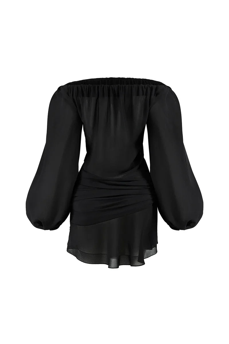 PUFFY SLEEVED CHIFFON MINI BLACK DRESS