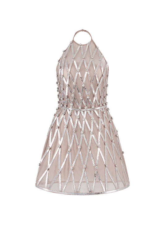 CREAM SHEER EMBELLISHMENT HALTER NECK MESH MINI DRESS