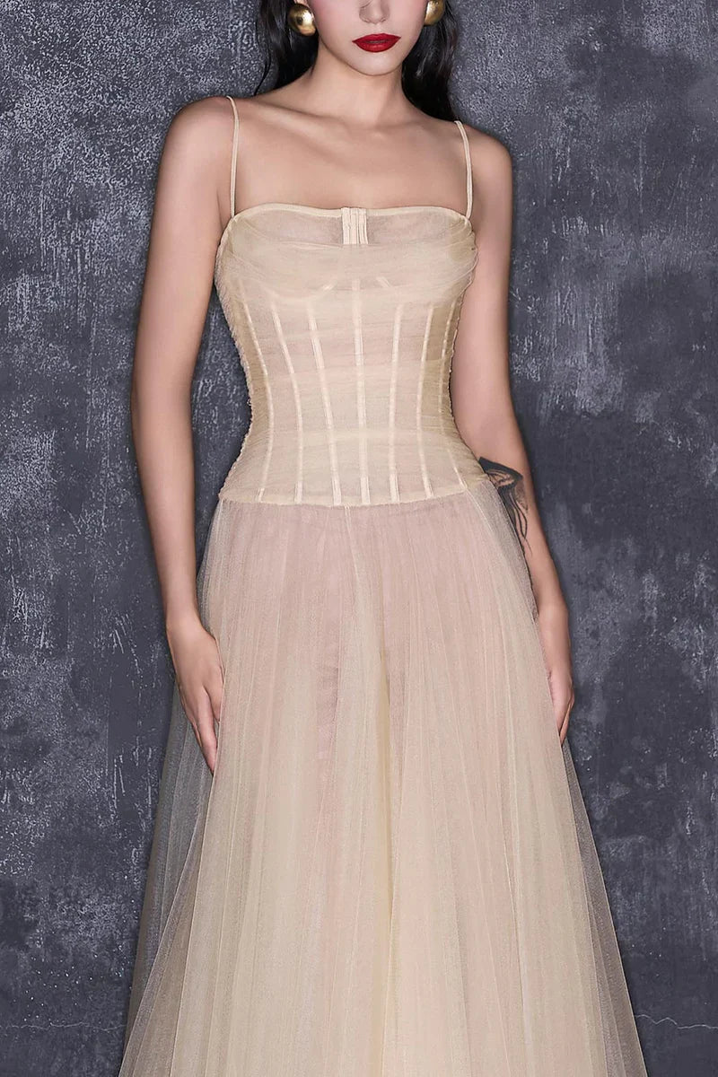 NUDE SHEER CORSET STRAP MESH FLOOR LENGTH GOWN