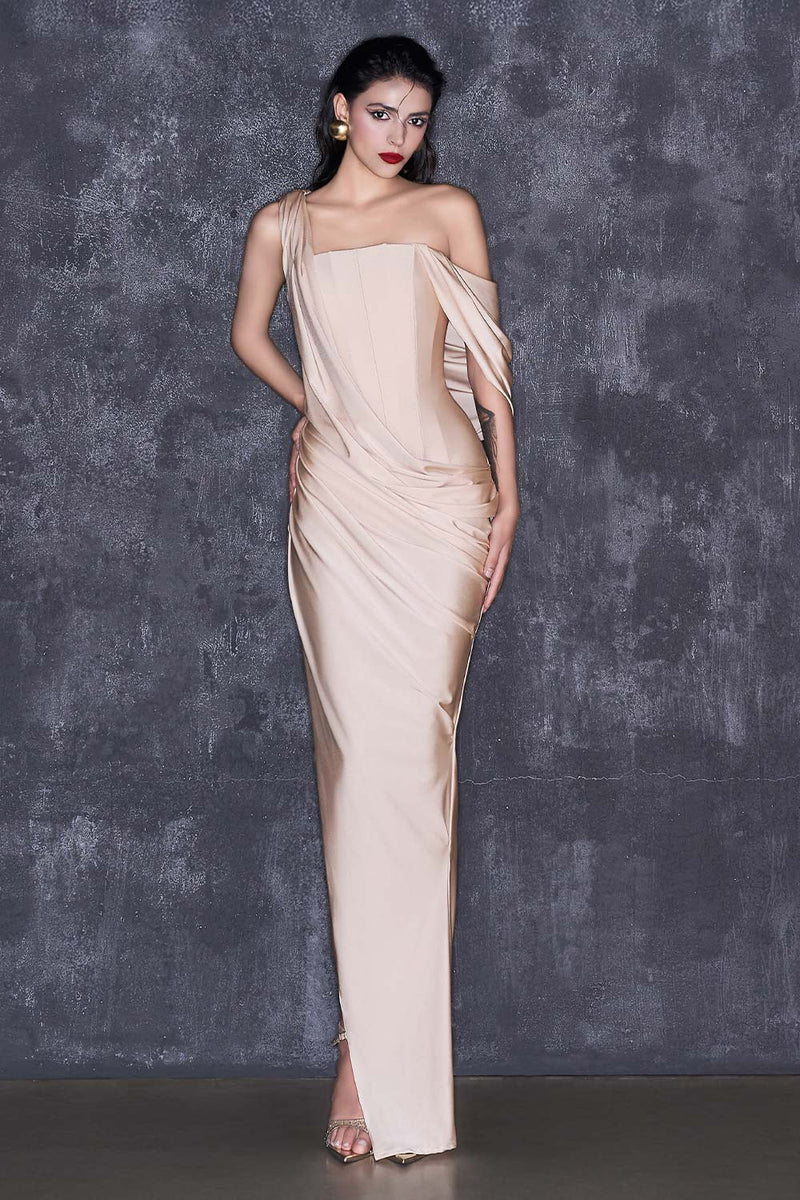 CREAM ASYMMETRIC SLEEVED  FLOOR LENGTH GOWN