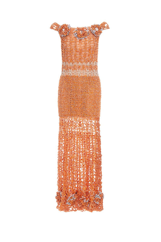 ORANGE CHRYSANTHEMUM HANDMADE MAXI CROCHET DRESS