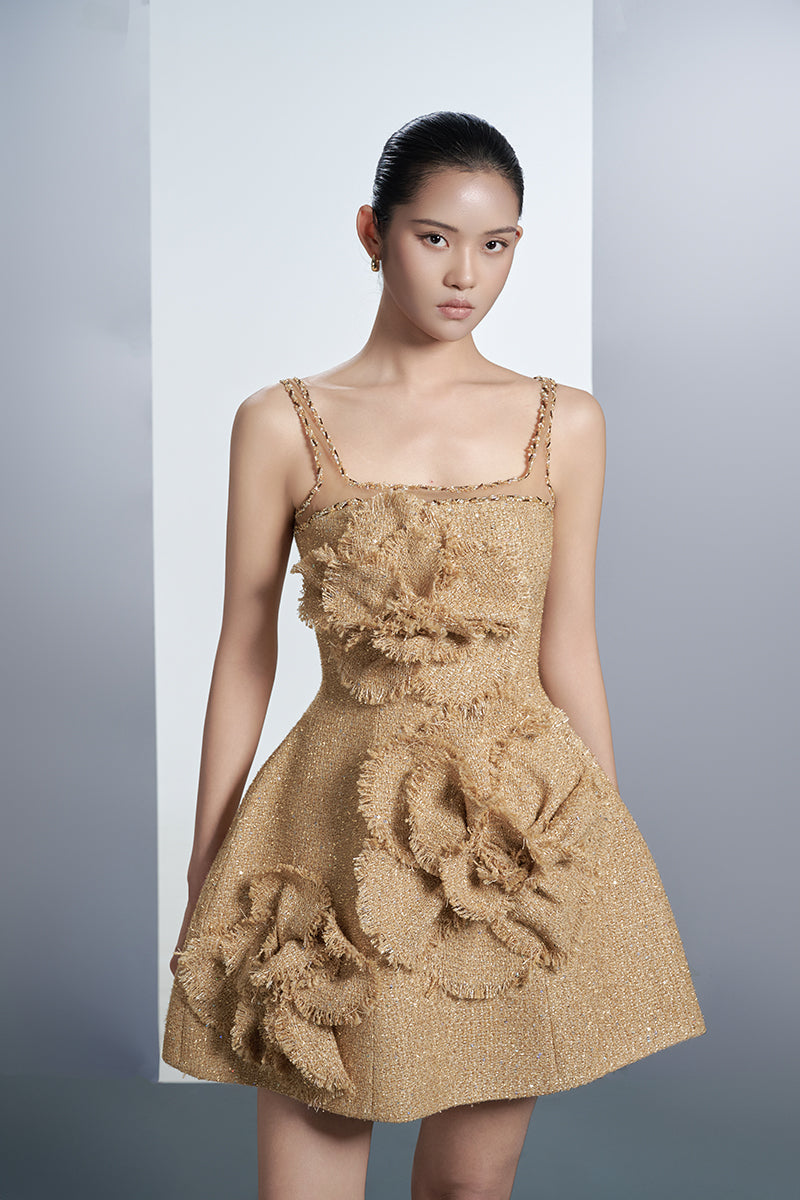 FLORAL TWEED MINI DRESS IN BEIGE