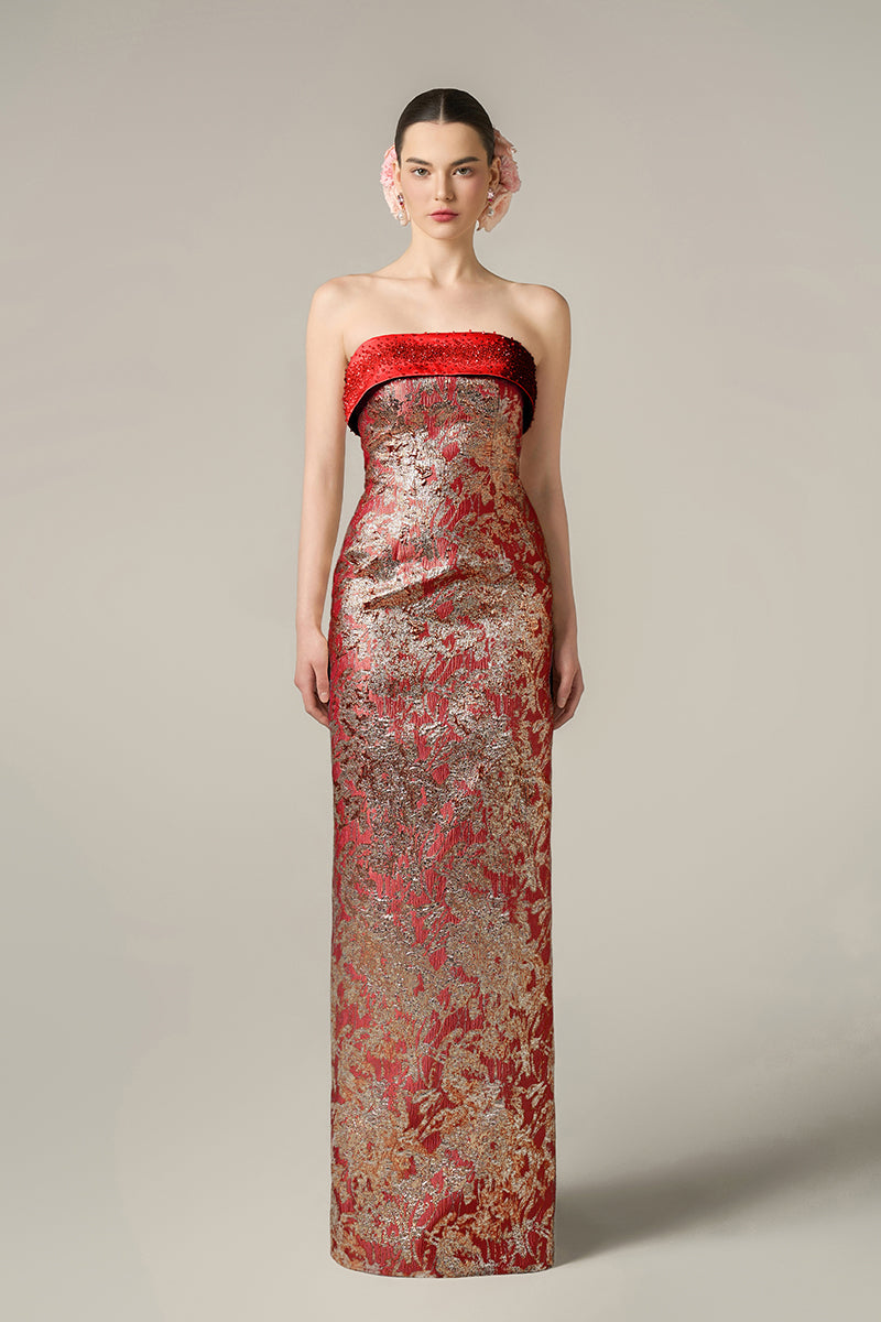 METALLIC JACQUARD AND SILK TAFFETA DRESS IN RED