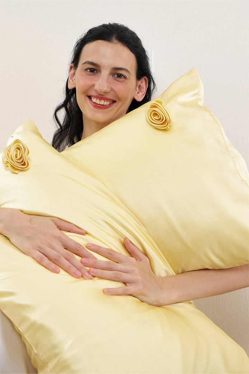 TUSCAN ROSE SILK PILLOWCASE IN YELLOW