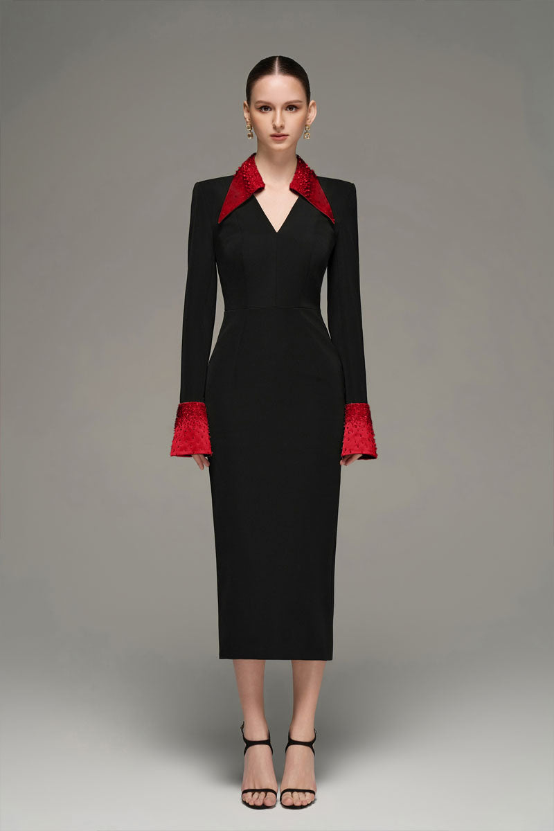V-NECK FLARED CUFF KNEE LENGTH DRESS IN BLACK AND RED