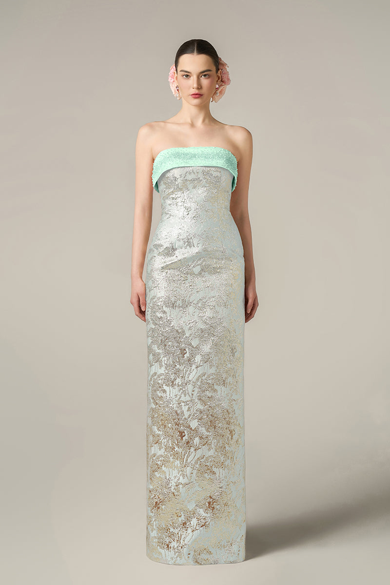 METALLIC JACQUARD AND SILK TAFFETA DRESS IN GREEN