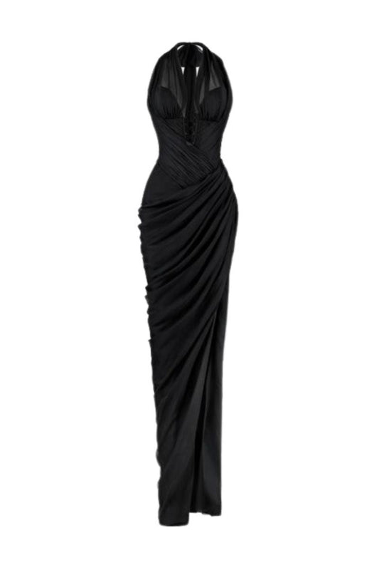 BLACK PLUNGE NECK CHIFFON GOWN