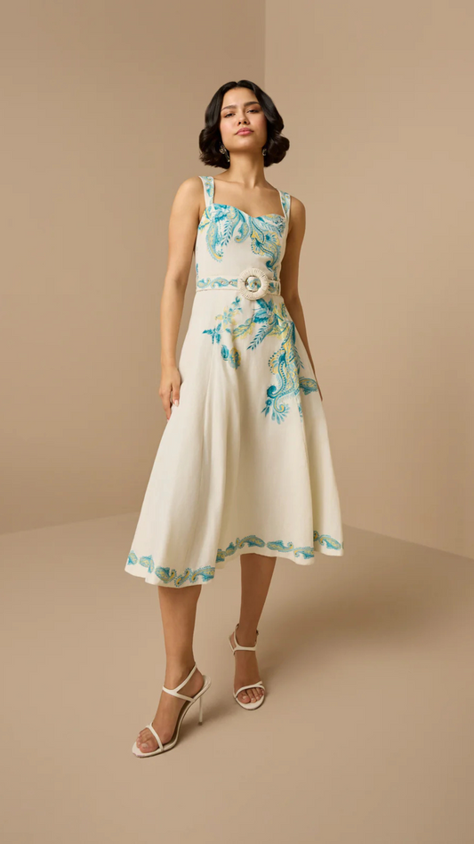 Midi Dress With Buckle Belt Blue