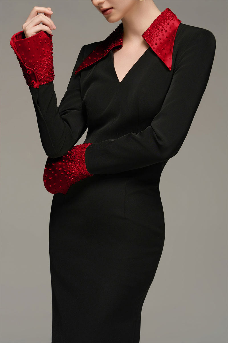 V-NECK FLARED CUFF KNEE LENGTH DRESS IN BLACK AND RED