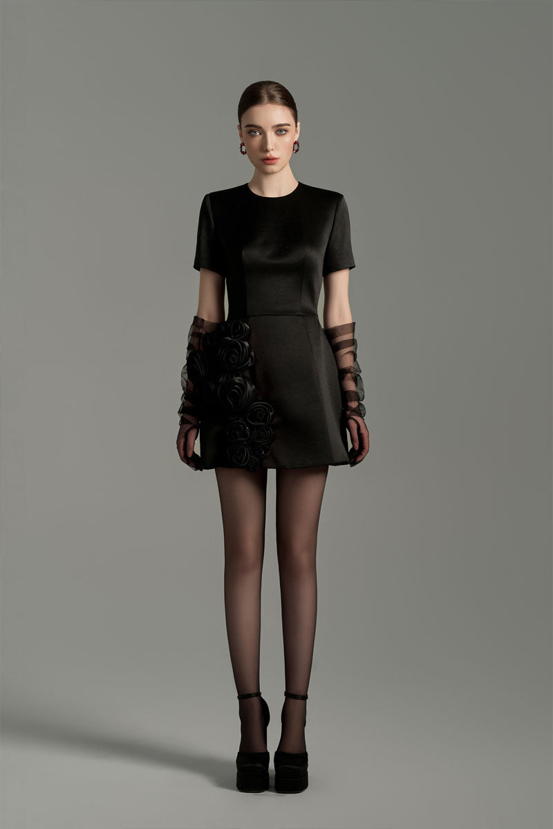 EMBROIDERED SHORT SLEEVE MINI DRESS IN BLACK