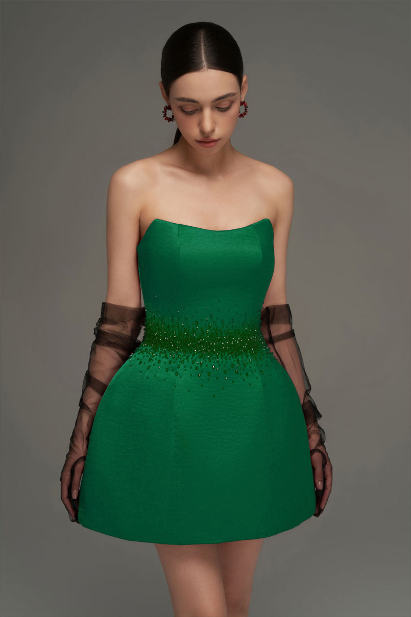 BUSTIER MINI DRESS IN DARK GREEN