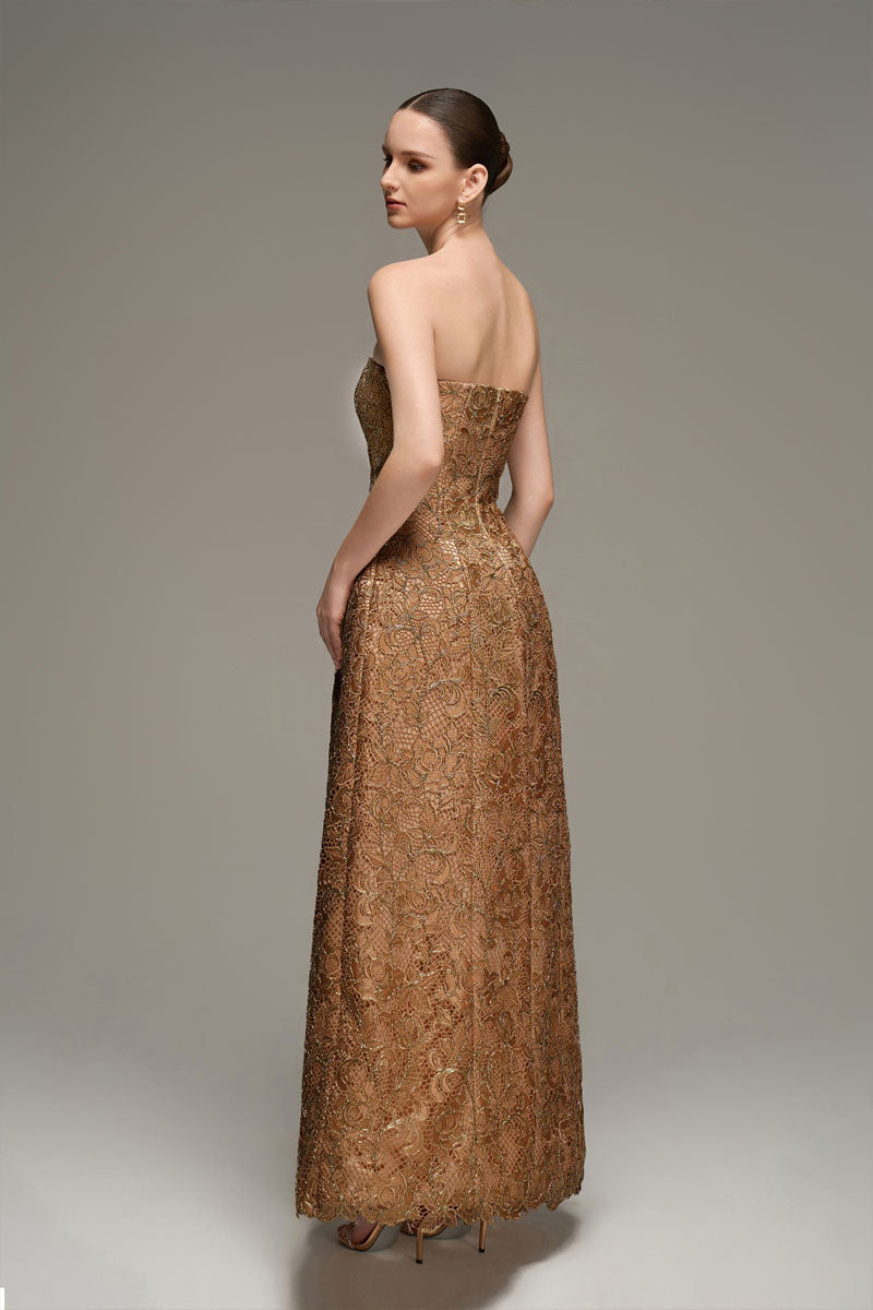 BUSTIER LACE MAXI DRESS IN BROWN