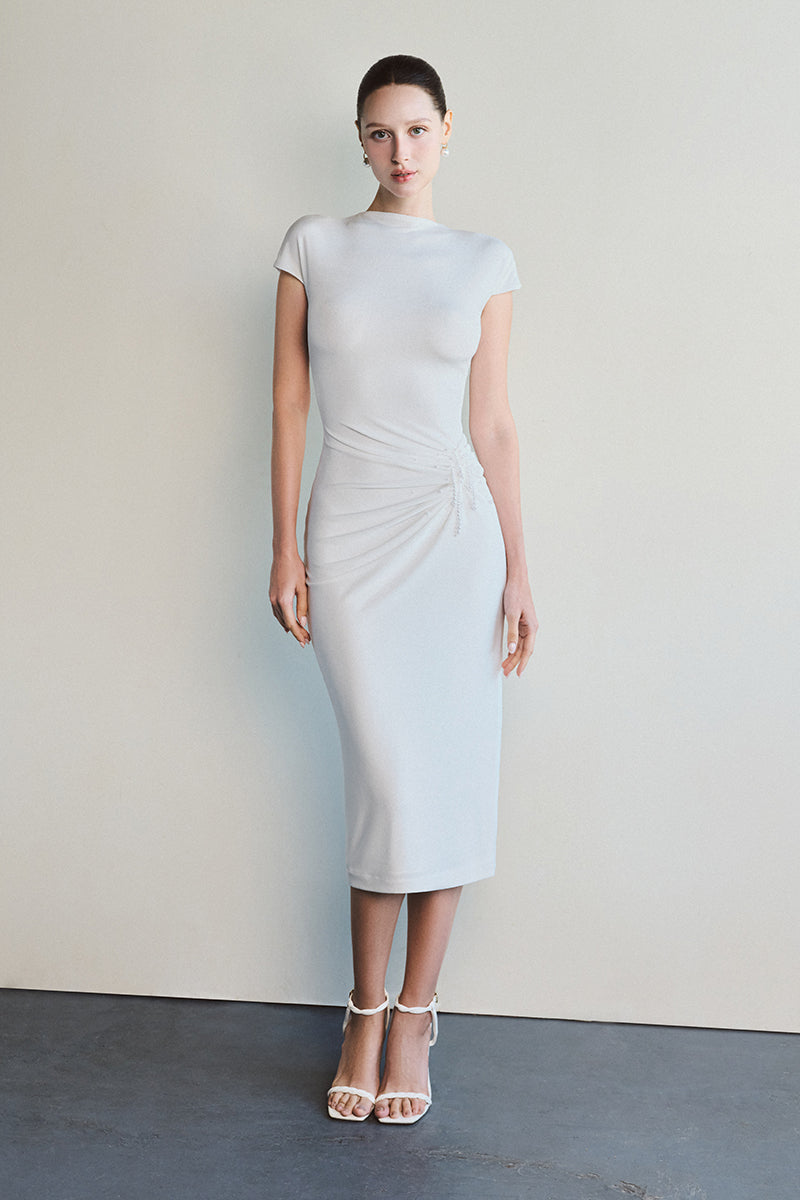 IVORY RUCHE WHITE MIDI DRESS