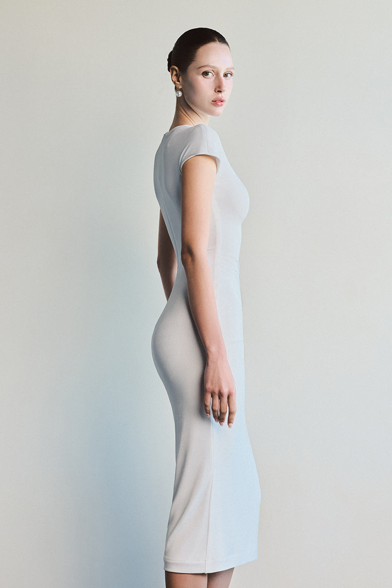 IVORY RUCHE WHITE MIDI DRESS