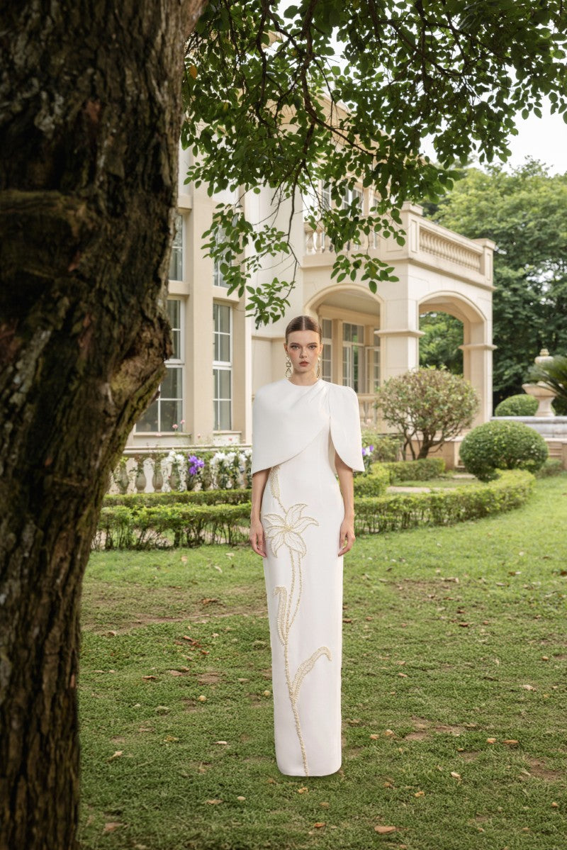 ROSALIE CREPE GOWN WITH LOUISE CAPE IN WHITE