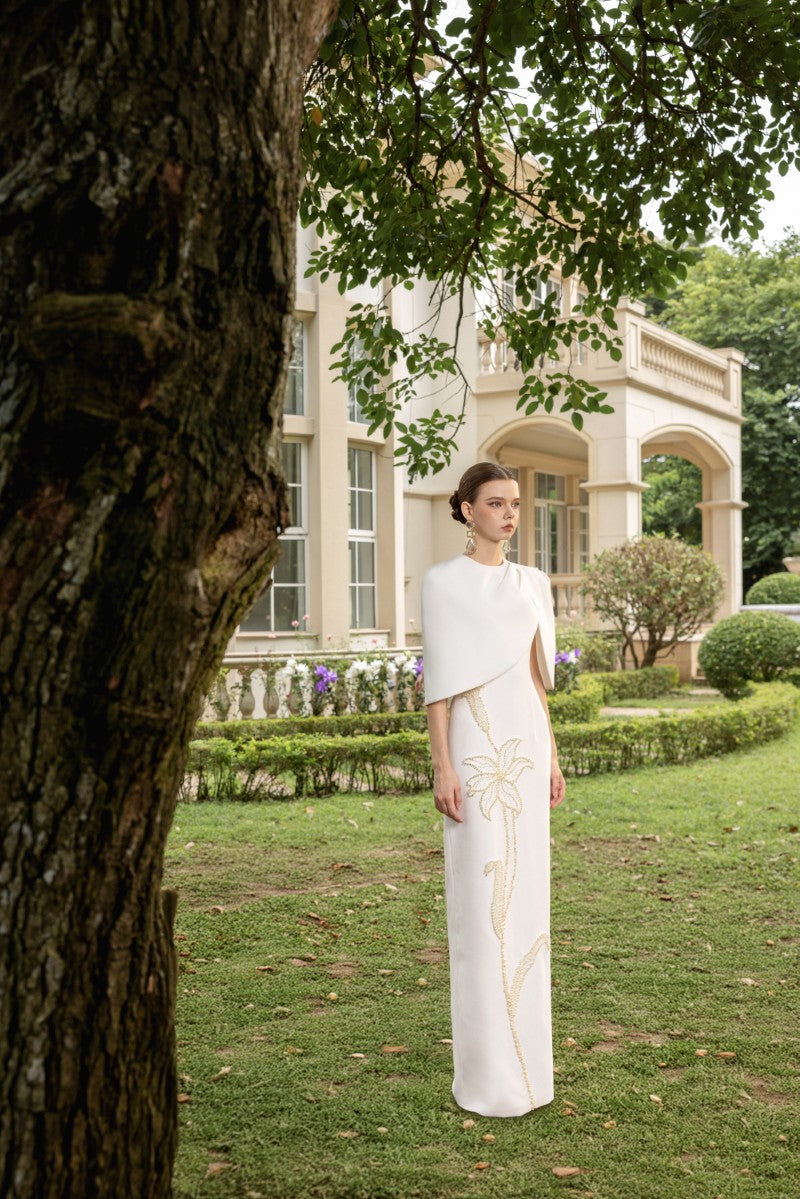 ROSALIE CREPE GOWN WITH LOUISE CAPE IN WHITE
