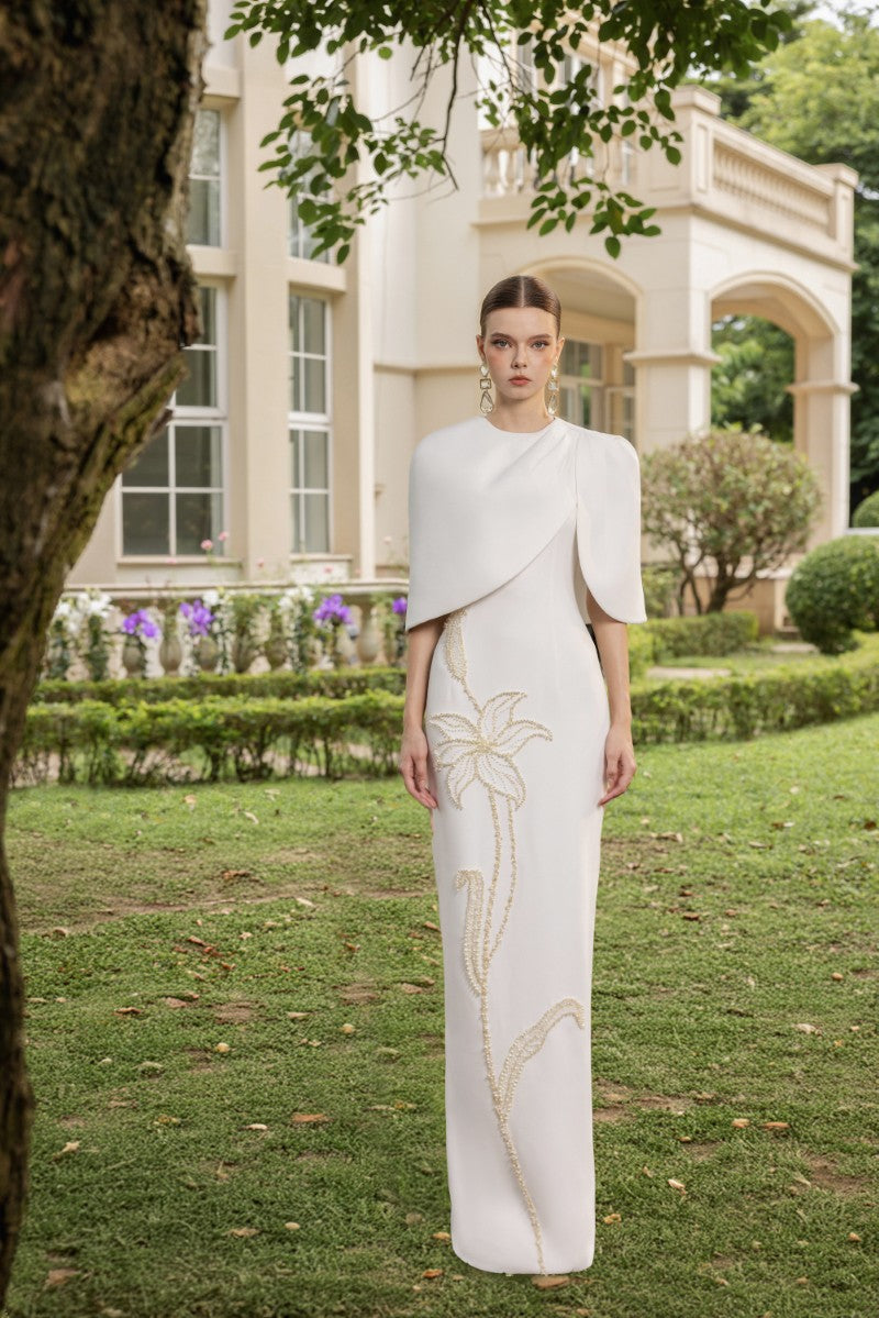 ROSALIE CREPE GOWN WITH LOUISE CAPE IN WHITE