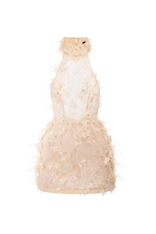 ASAD LACE FLOWER AND FEATHER DRESS IN BEIGE