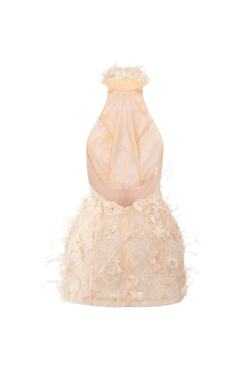 ASAD LACE FLOWER AND FEATHER DRESS IN BEIGE