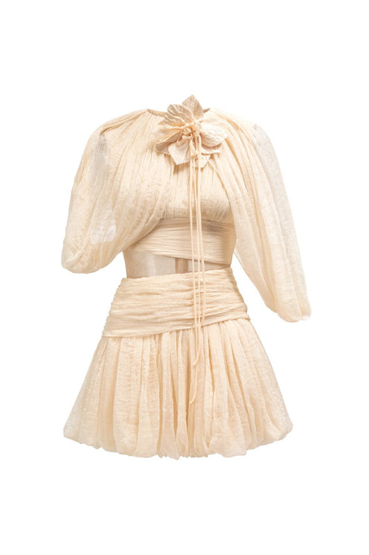 QIRSH SILK CUT-OUT DRESS IN BEIGE