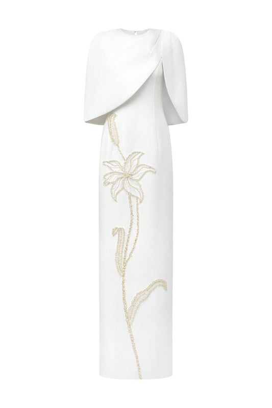 ROSALIE CREPE GOWN WITH LOUISE CAPE IN WHITE