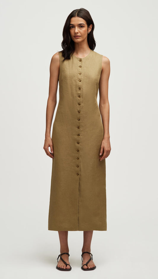 Button Dress in Basket Weave Linen | Fern