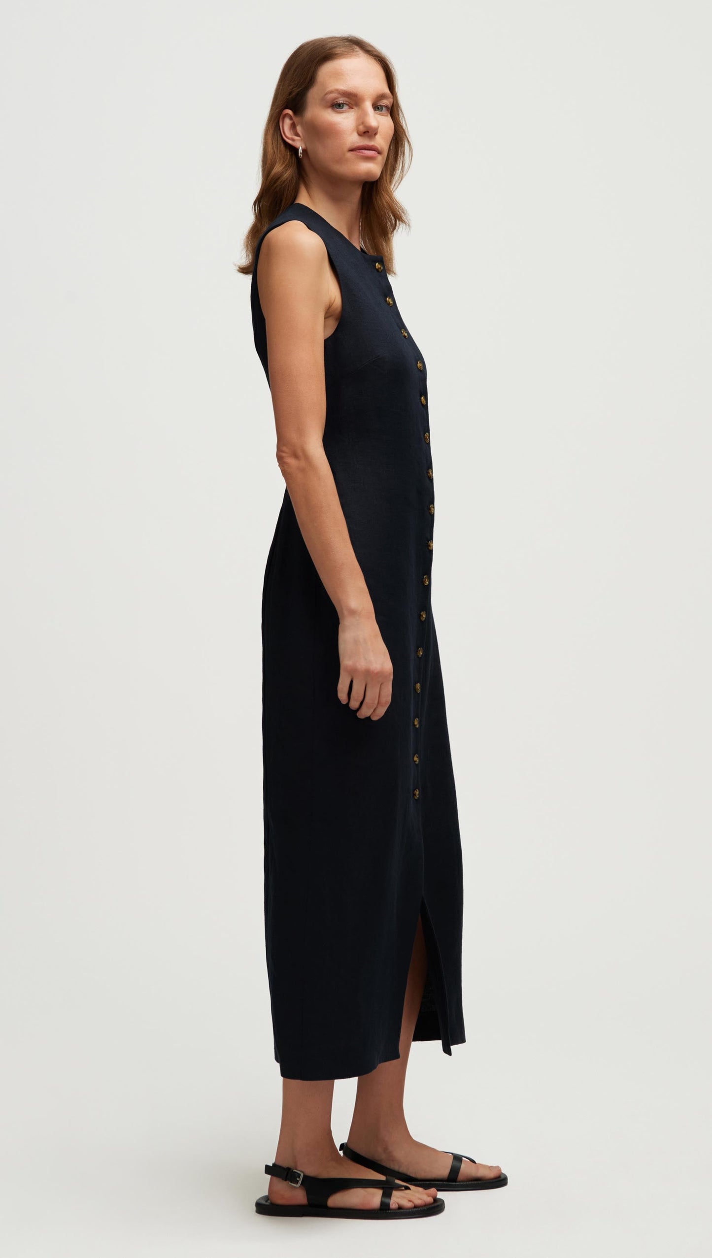 Button Dress in Basket Weave Linen | Midnight