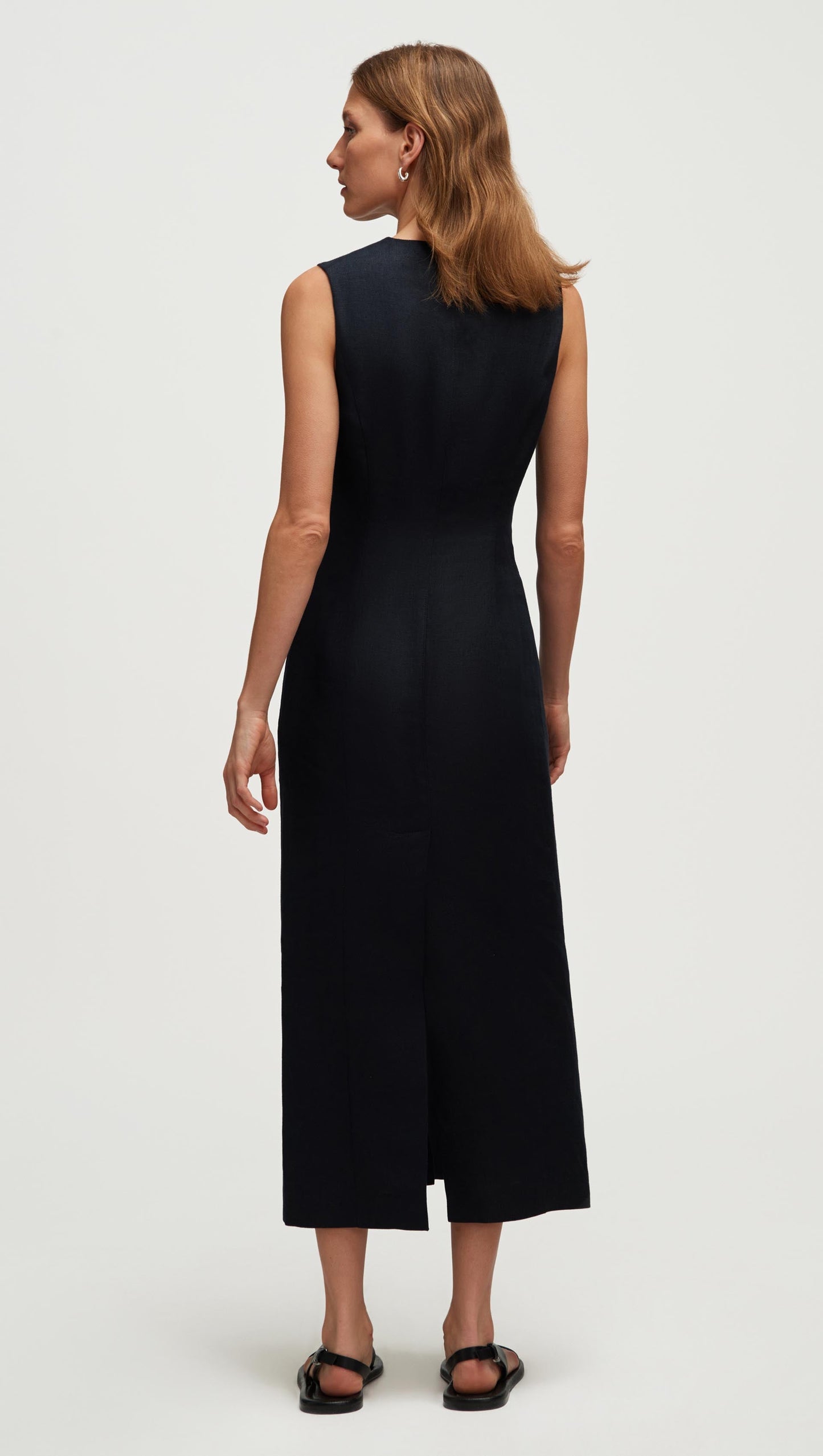 Button Dress in Basket Weave Linen | Midnight