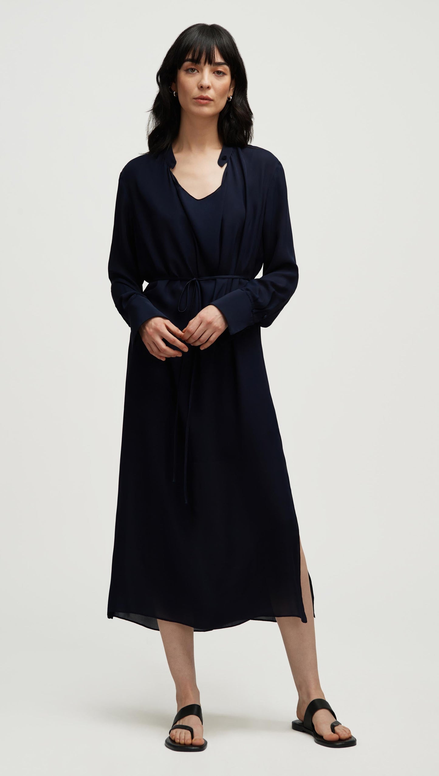 Longsleeve Cowl Neck Dress in Silk | Midnight