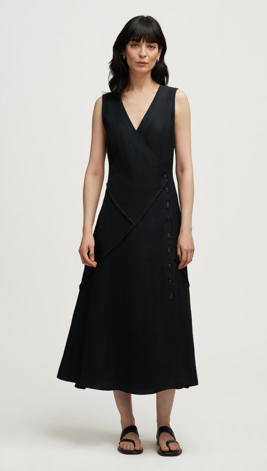 Patchwork Dress in Viscose Linen Twill | Black