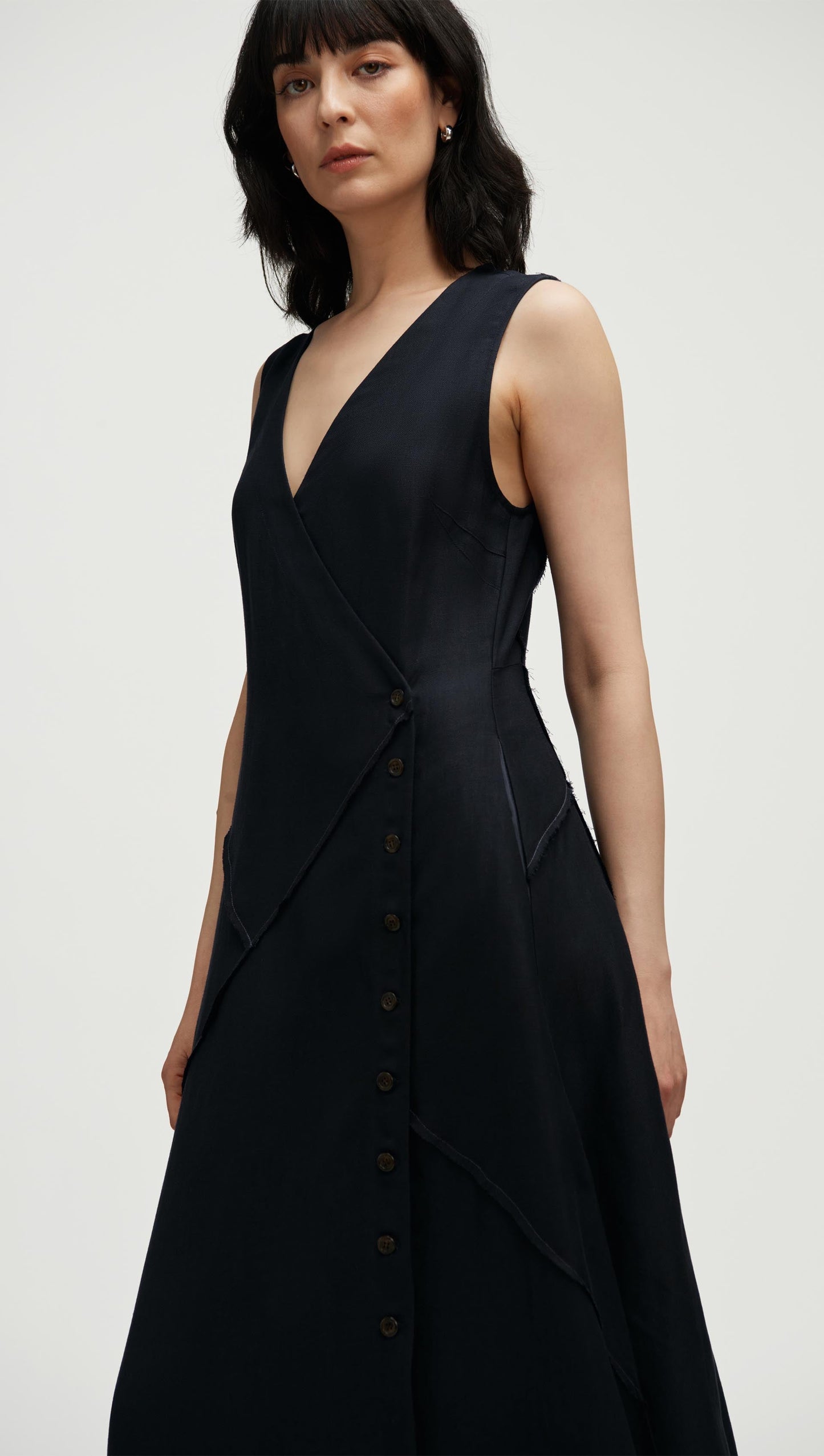 Patchwork Dress in Viscose Linen Twill | Black