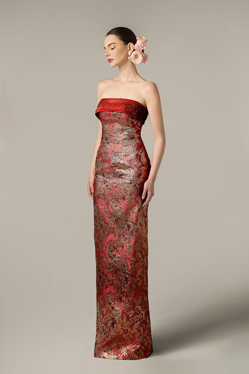 METALLIC JACQUARD AND SILK TAFFETA DRESS IN RED