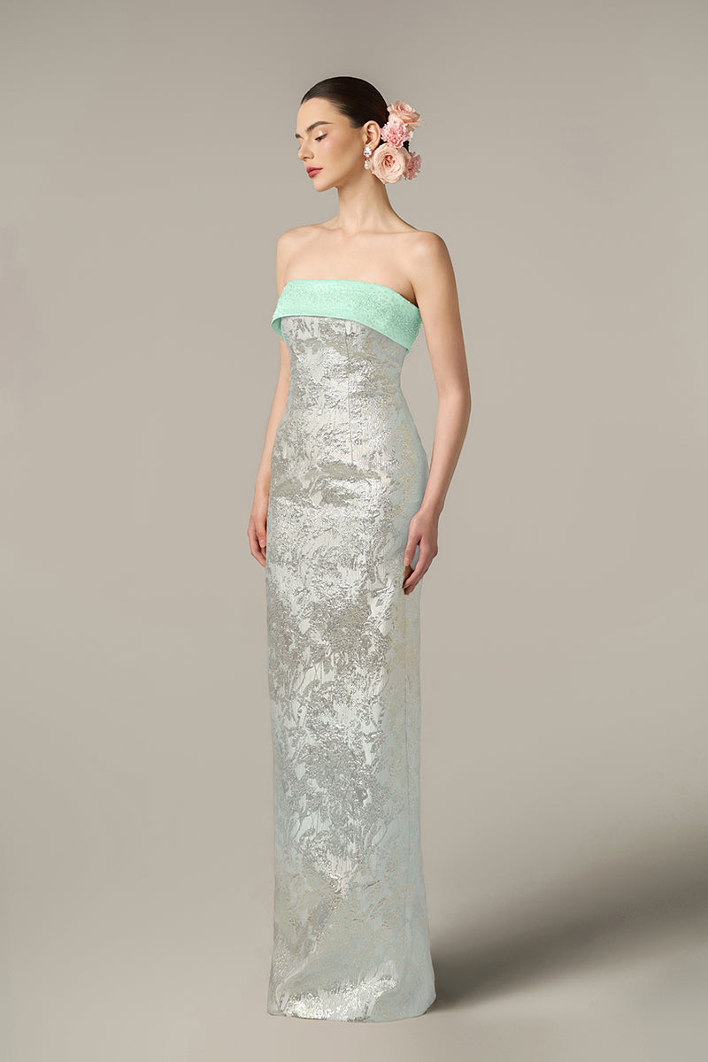 METALLIC JACQUARD AND SILK TAFFETA DRESS IN GREEN