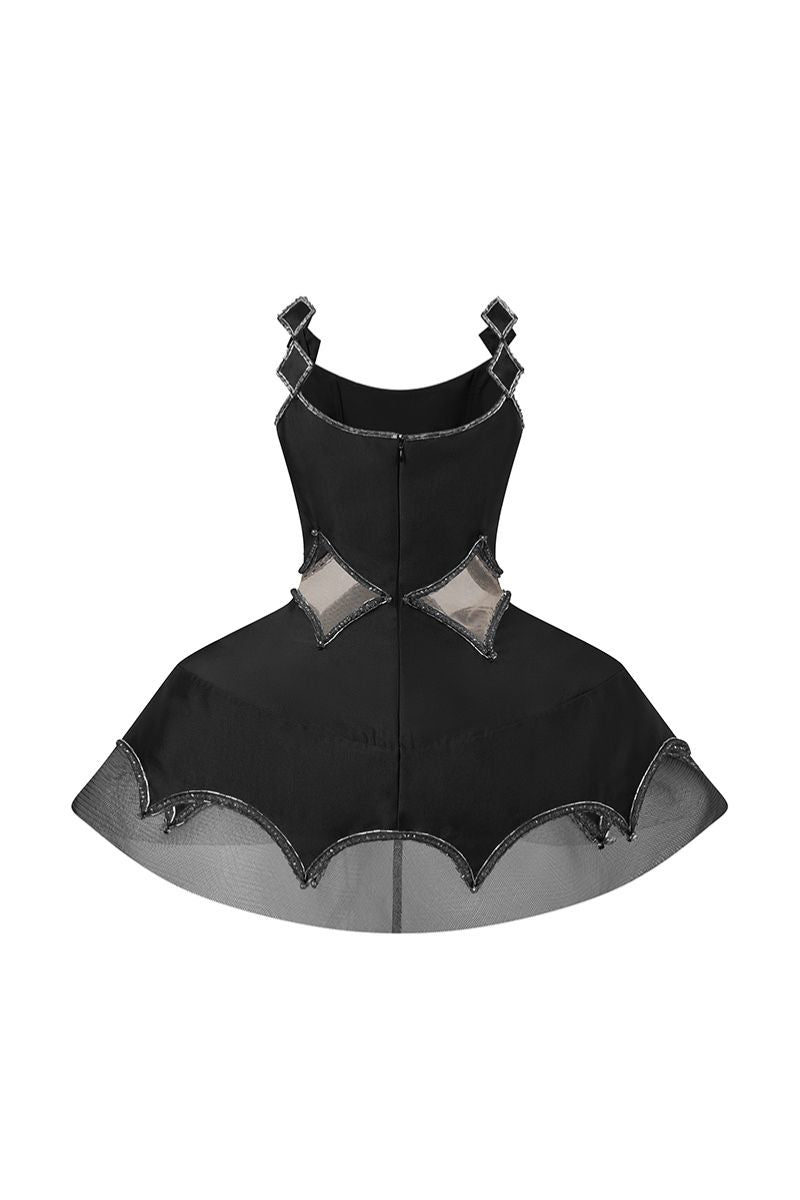 STRAIGHT NECK COCKTAIL DRESS WITH A-LINE HOOP IN BLACK