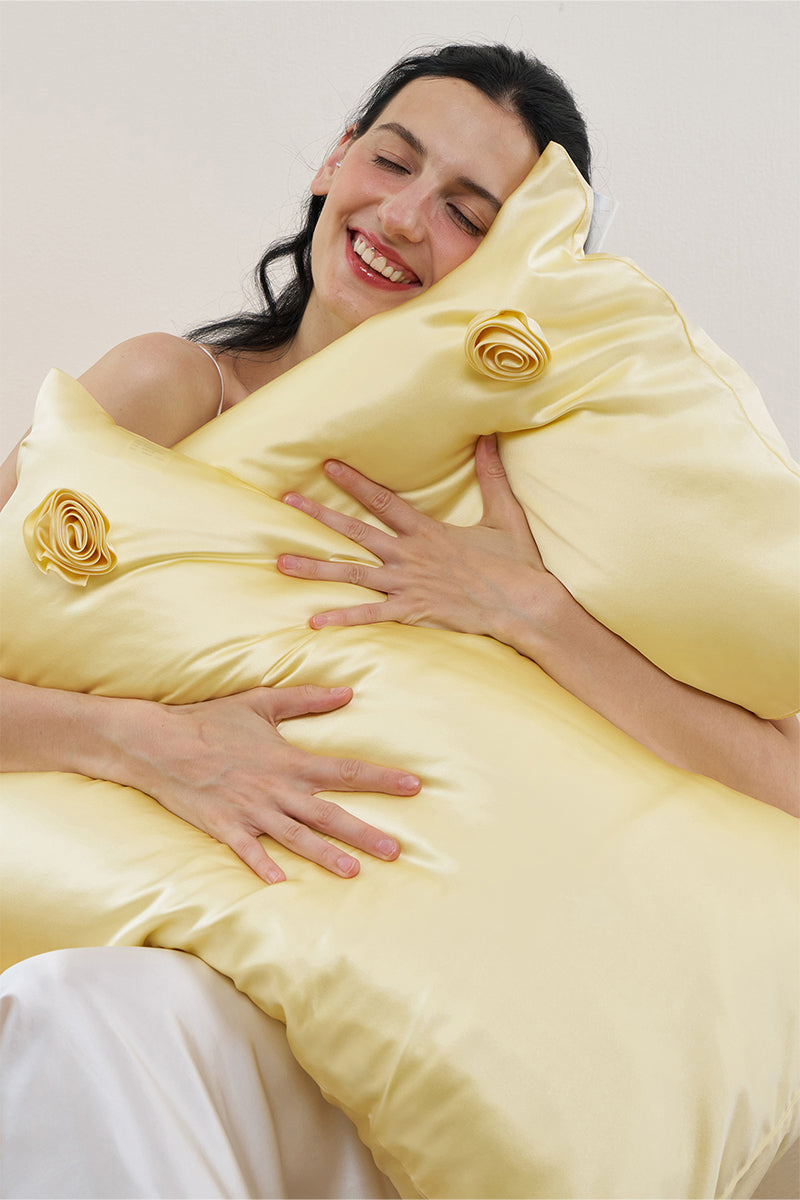 TUSCAN ROSE SILK PILLOWCASE IN YELLOW