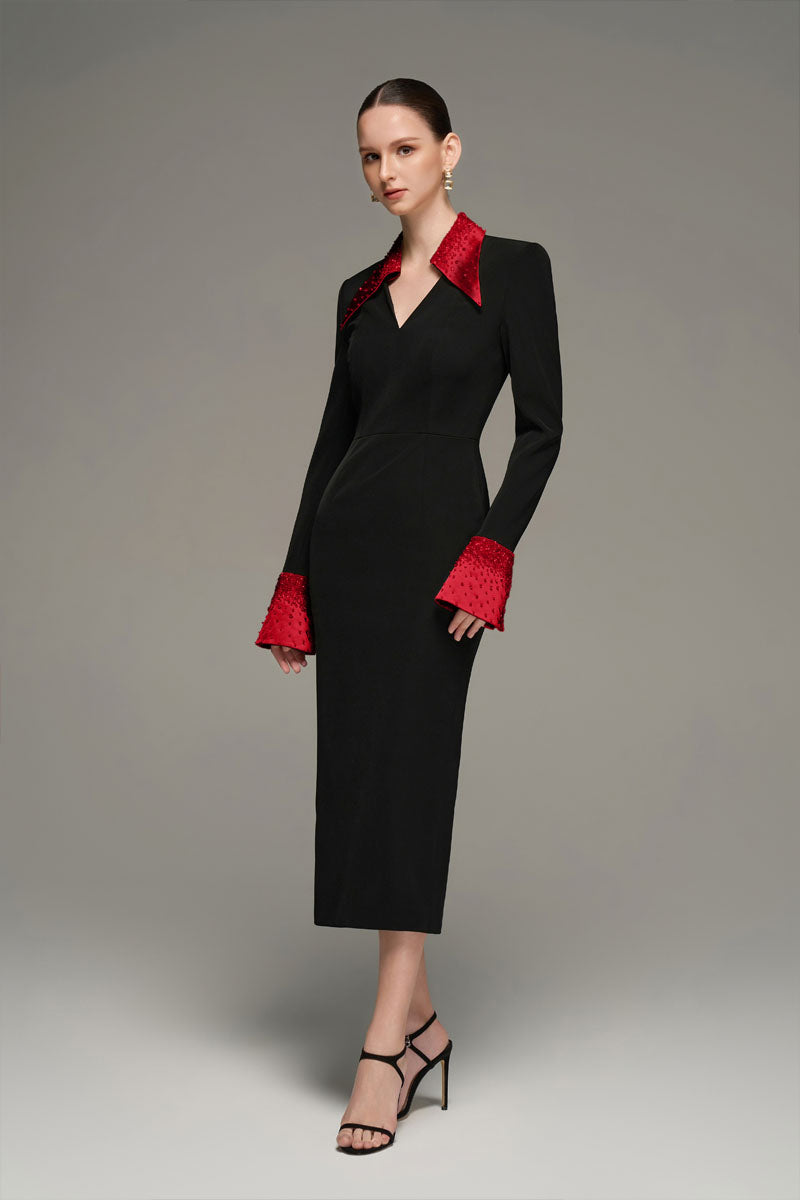 V-NECK FLARED CUFF KNEE LENGTH DRESS IN BLACK AND RED
