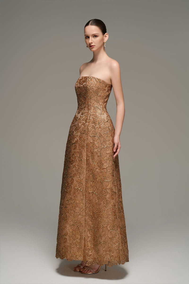 BUSTIER LACE MAXI DRESS IN BROWN