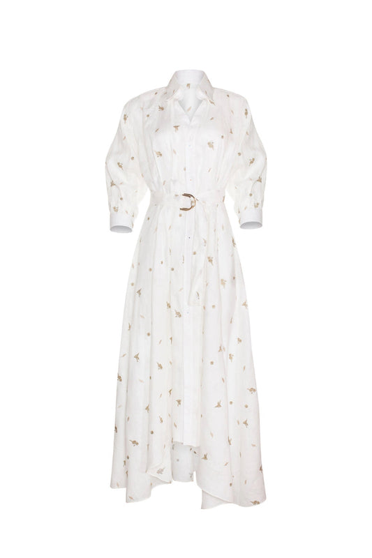 CAMELLIA AND LILIES SHIRT DRESS IN IVORY GOLD