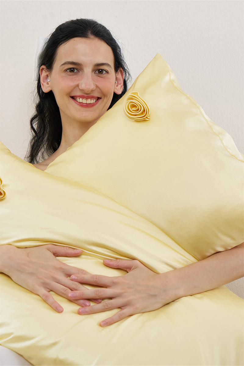 TUSCAN ROSE SILK PILLOWCASE IN YELLOW