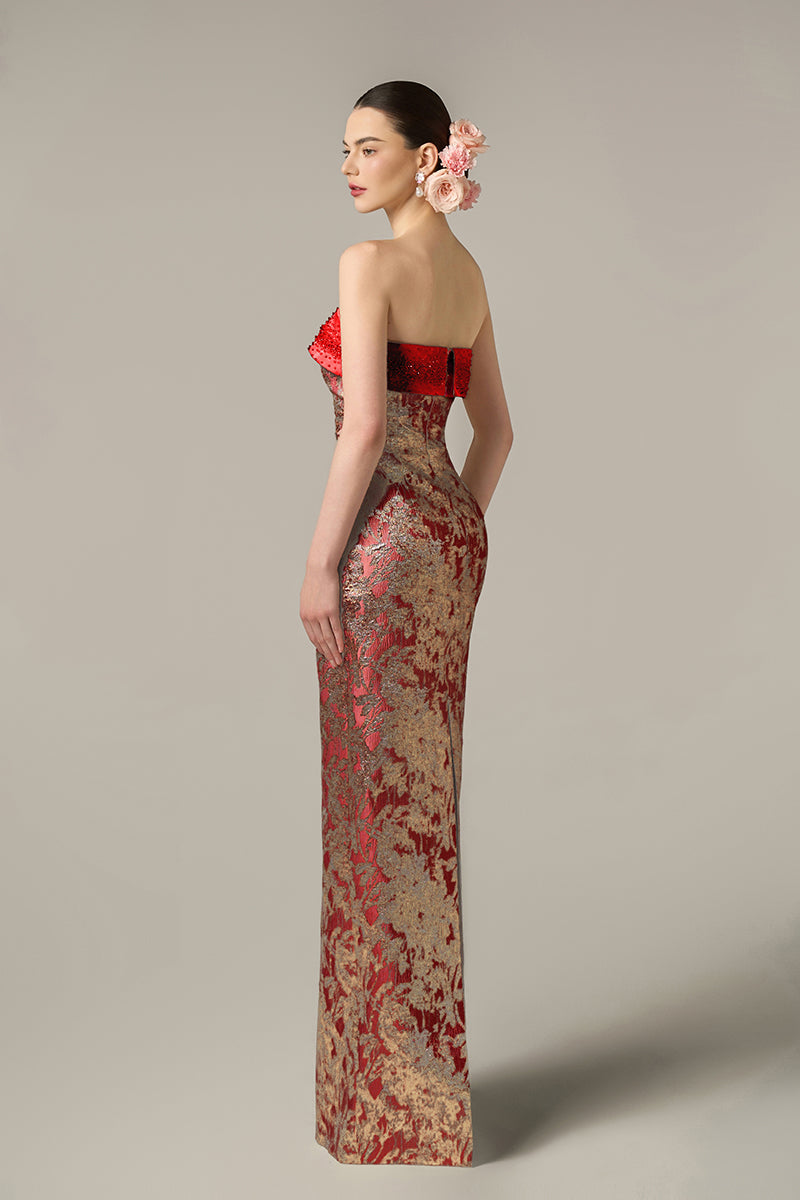 METALLIC JACQUARD AND SILK TAFFETA DRESS IN RED